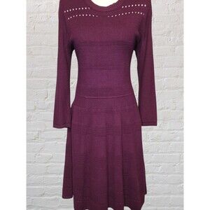 Eliza J Sweater Dress Womens LG Wine Long Sleeve Gold Zipper Fit Flare